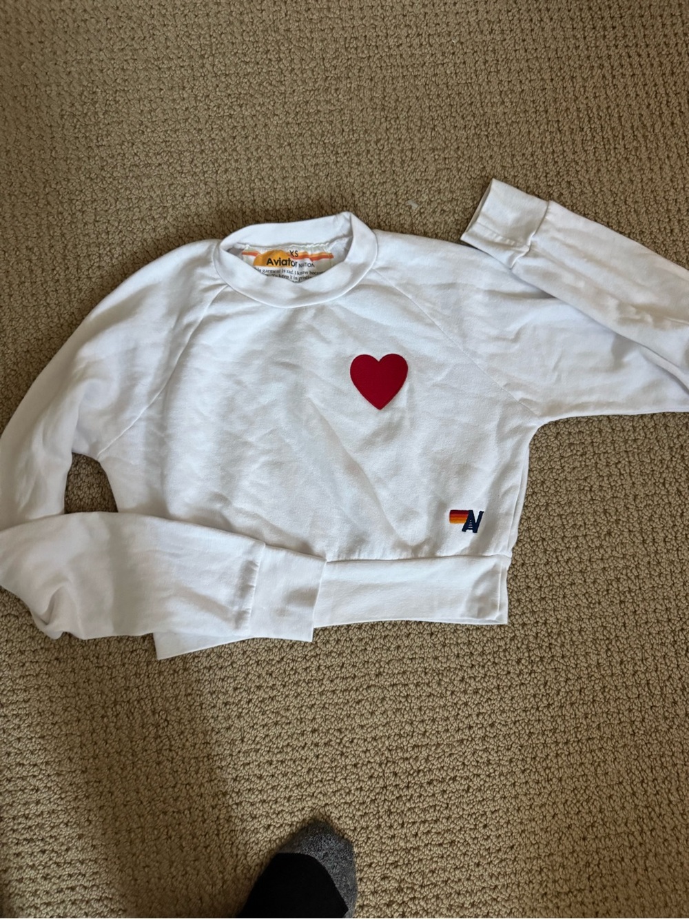 Aviator Nation White Crop Sweatshirt with Red Heart Patch